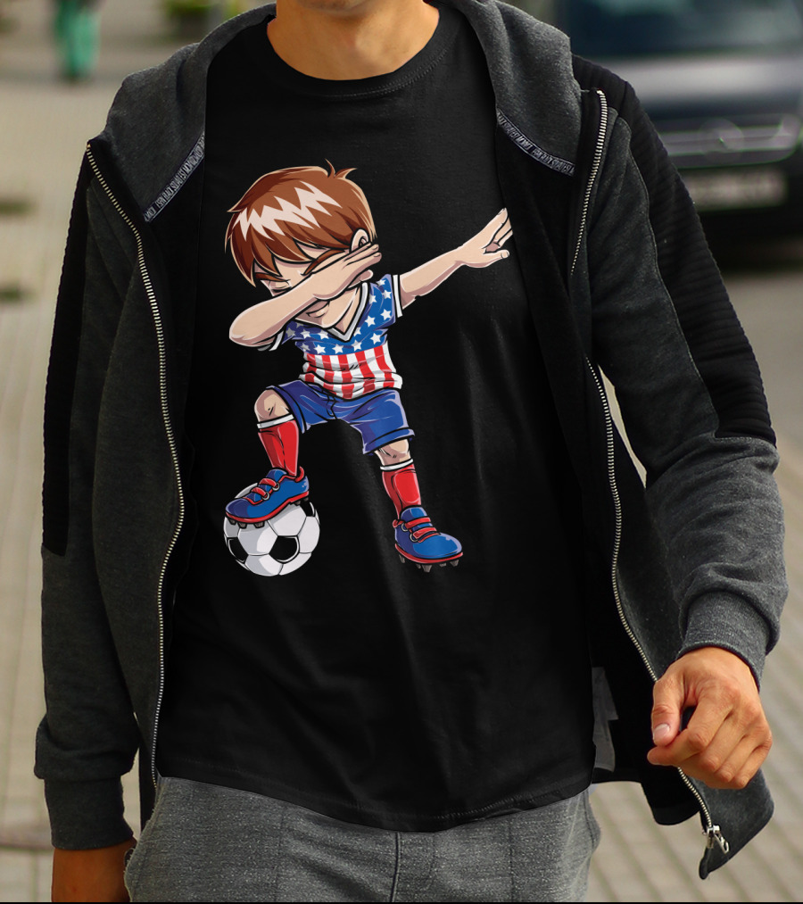 Dabbing Boy With Soccer Ball In American Flag Jersey T-Shirt