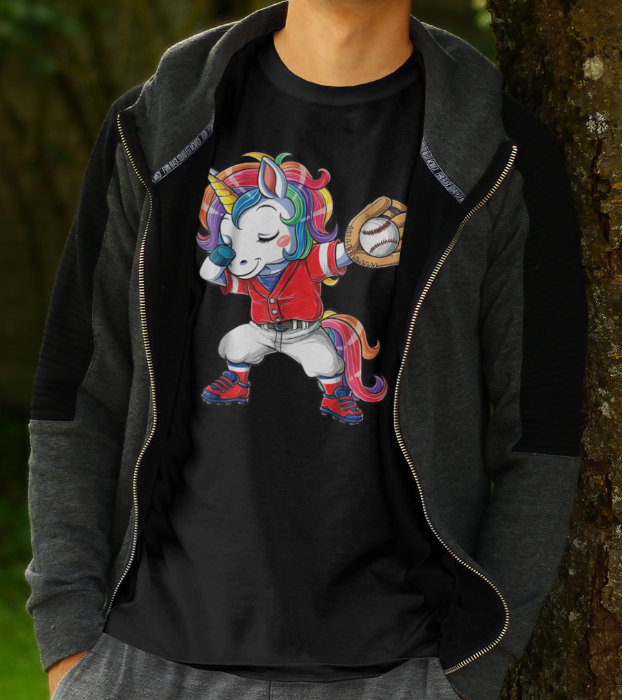 Dabbing Unicorn In Rainbow Baseball Outfit Holding Ball T-Shirt