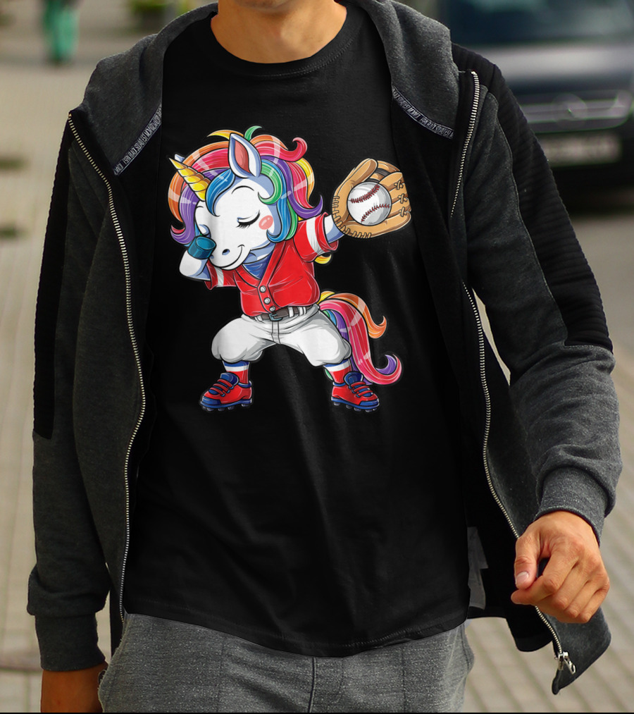 Dabbing Unicorn In Rainbow Baseball Outfit Holding Ball T-Shirt