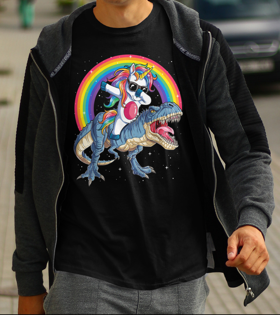 Dabbing Unicorn Riding T-Rex Under Rainbow In Space T-Shirt