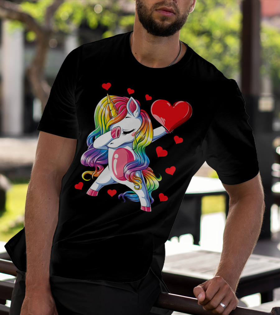 Valentine's Day Rainbow Dabbing Unicorn With Heart And Hearts T-Shirt