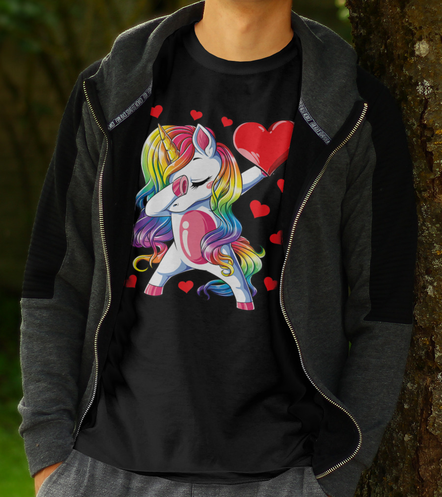 Valentine's Day Rainbow Dabbing Unicorn With Heart And Hearts T-Shirt