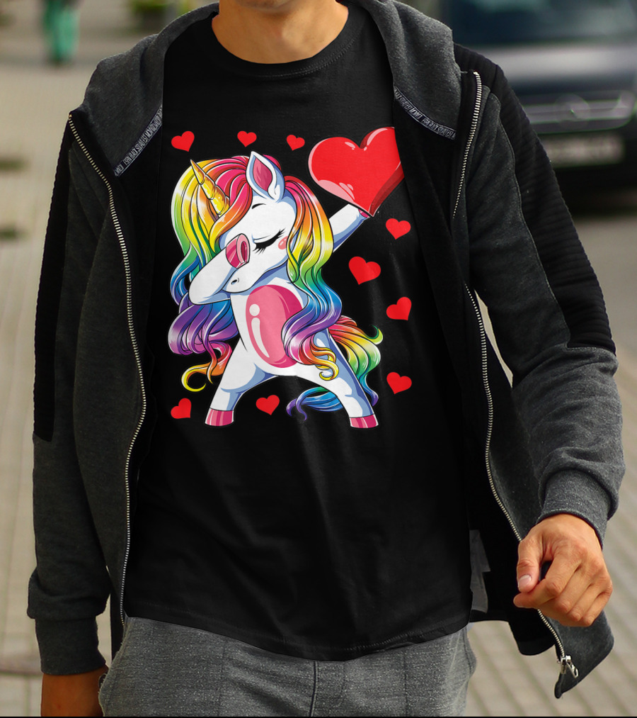 Valentine's Day Rainbow Dabbing Unicorn With Heart And Hearts T-Shirt