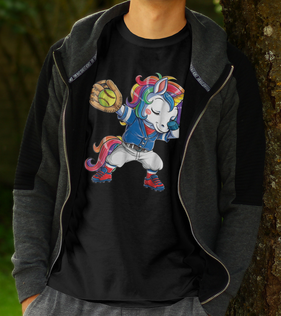 Dabbing Rainbow Unicorn In Softball Uniform Girls Dab T-Shirt