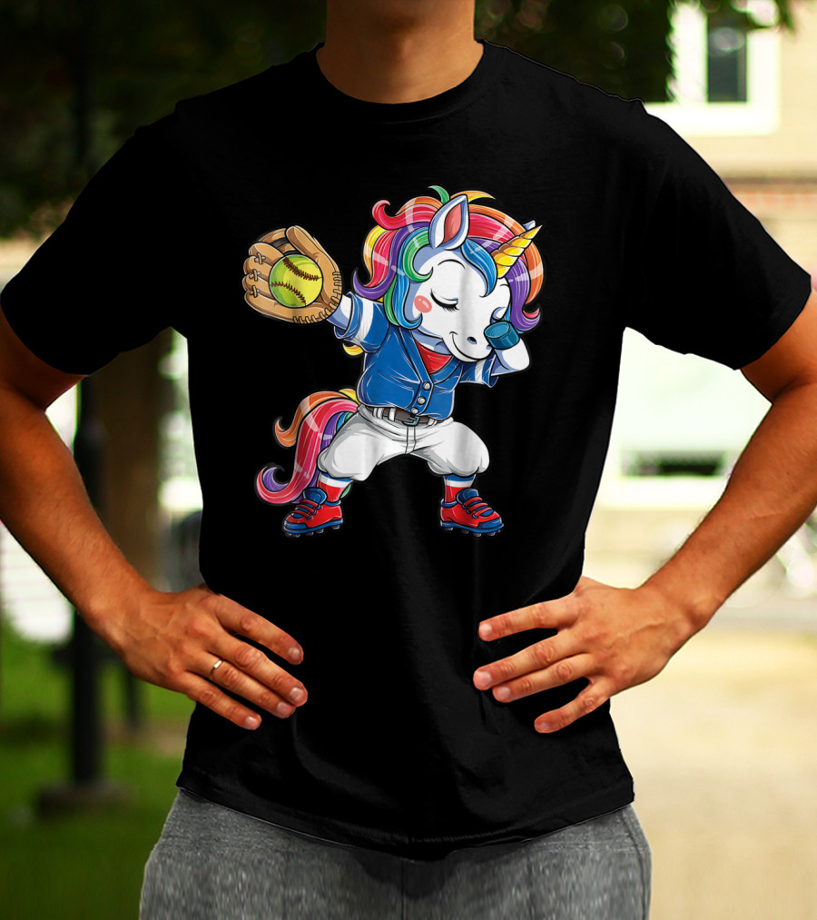 Dabbing Rainbow Unicorn In Softball Uniform Girls Dab T-Shirt