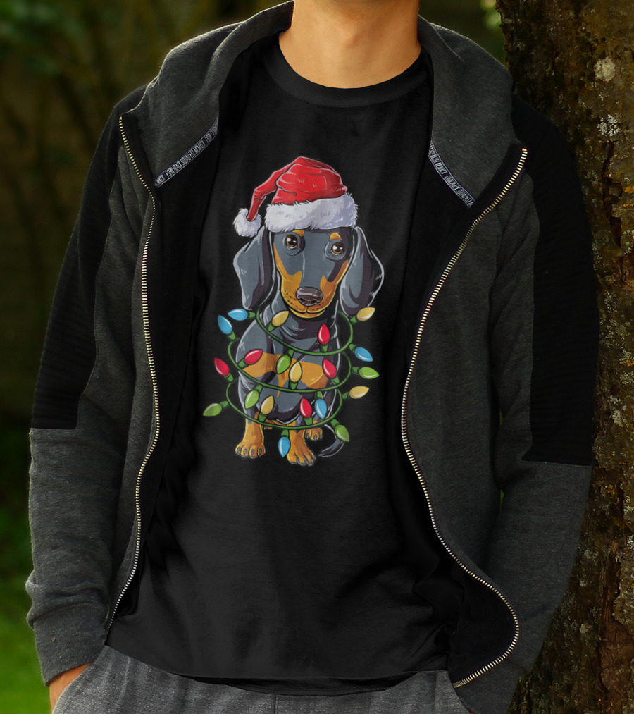 Dachshund Dog In Santa Hat With Christmas Tree Lights T-Shirt