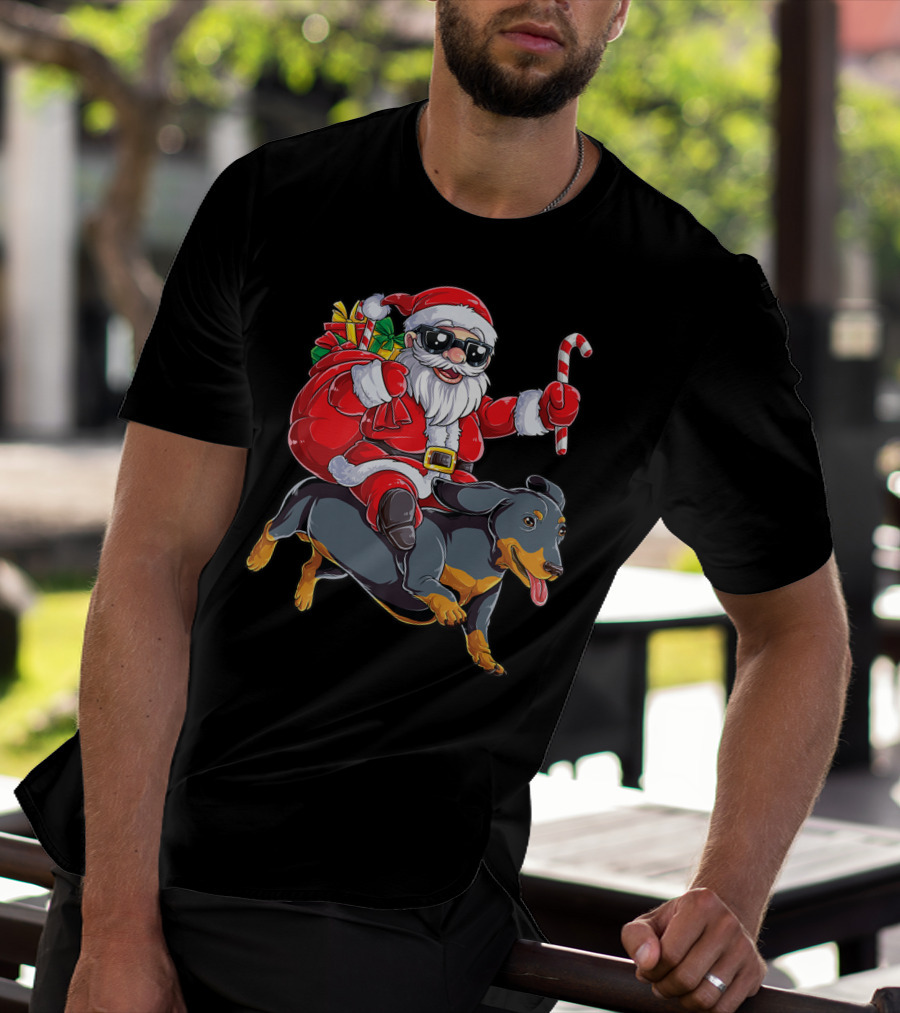 Santa Claus Riding Dachshund With Candy Cane And Presents T-Shirt