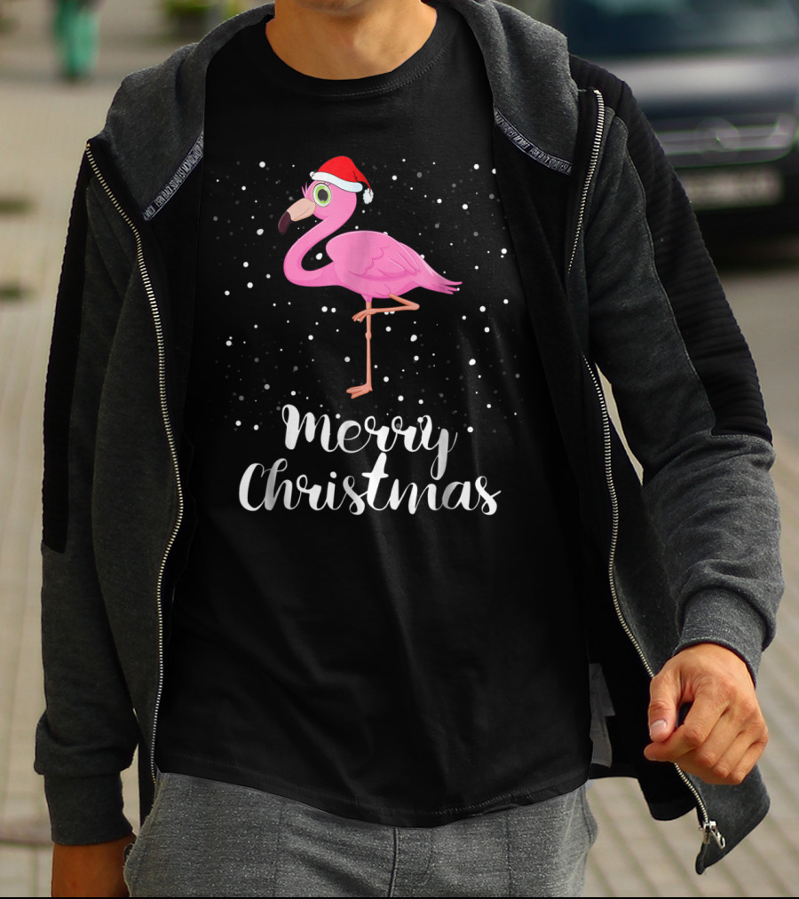 Merry Christmas Flamingo Santa Hat Family Matching Group T-Shirt
