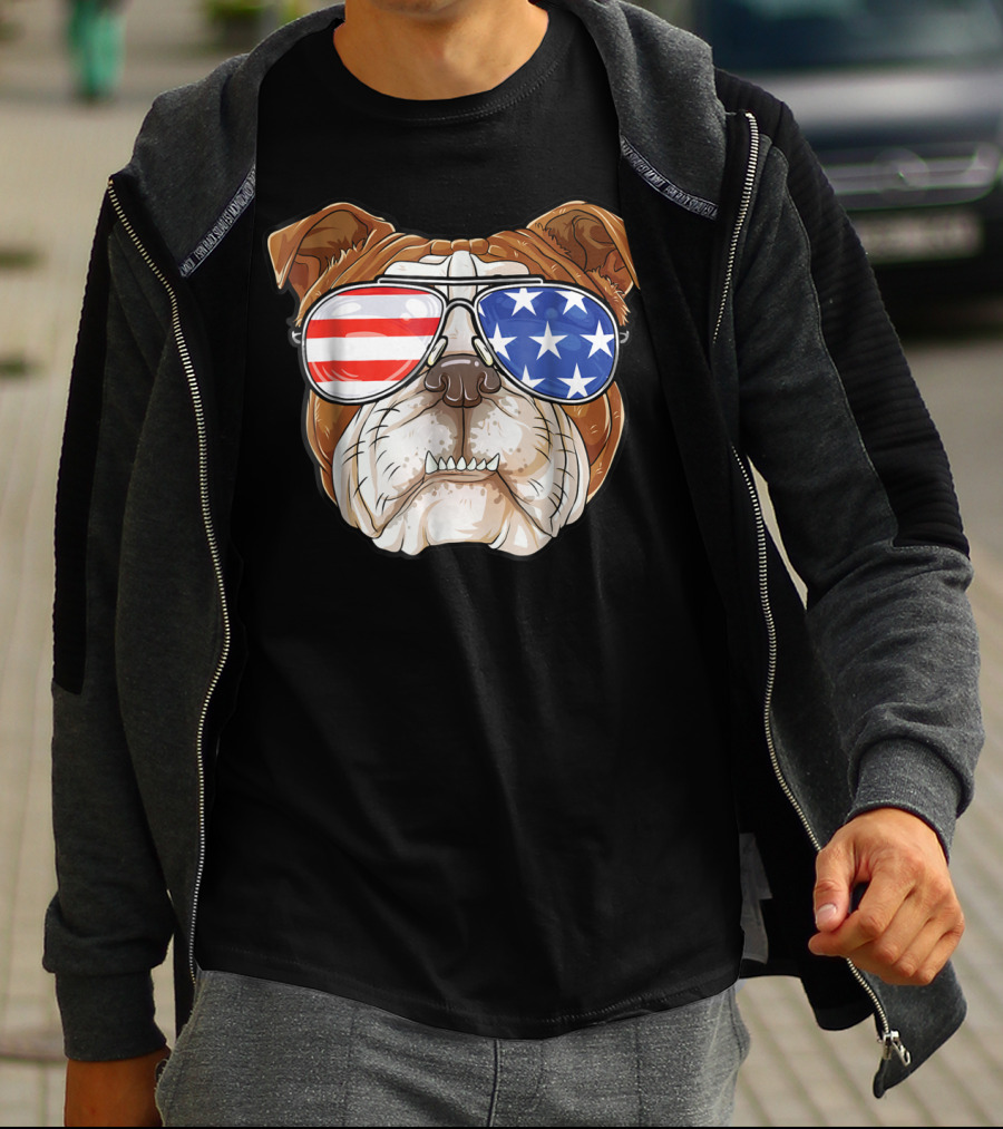 English Bulldog Wearing American Flag Sunglasses T-Shirt
