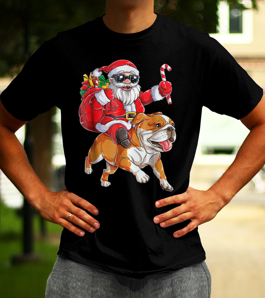 English Bulldog Santa Claus Riding With Candy Cane And Gifts Christmas Woofmas T-Shirt