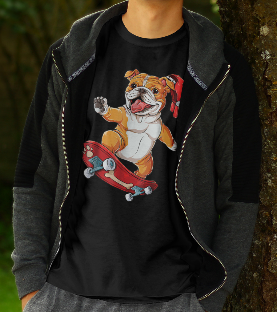 English Bulldog With Red Cap Skating On Bone Deck Skateboard T-Shirt