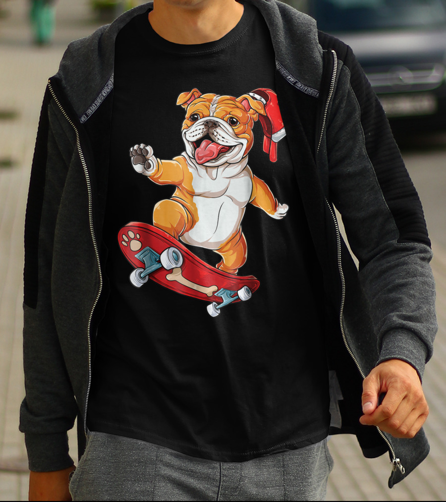 English Bulldog With Red Cap Skating On Bone Deck Skateboard T-Shirt