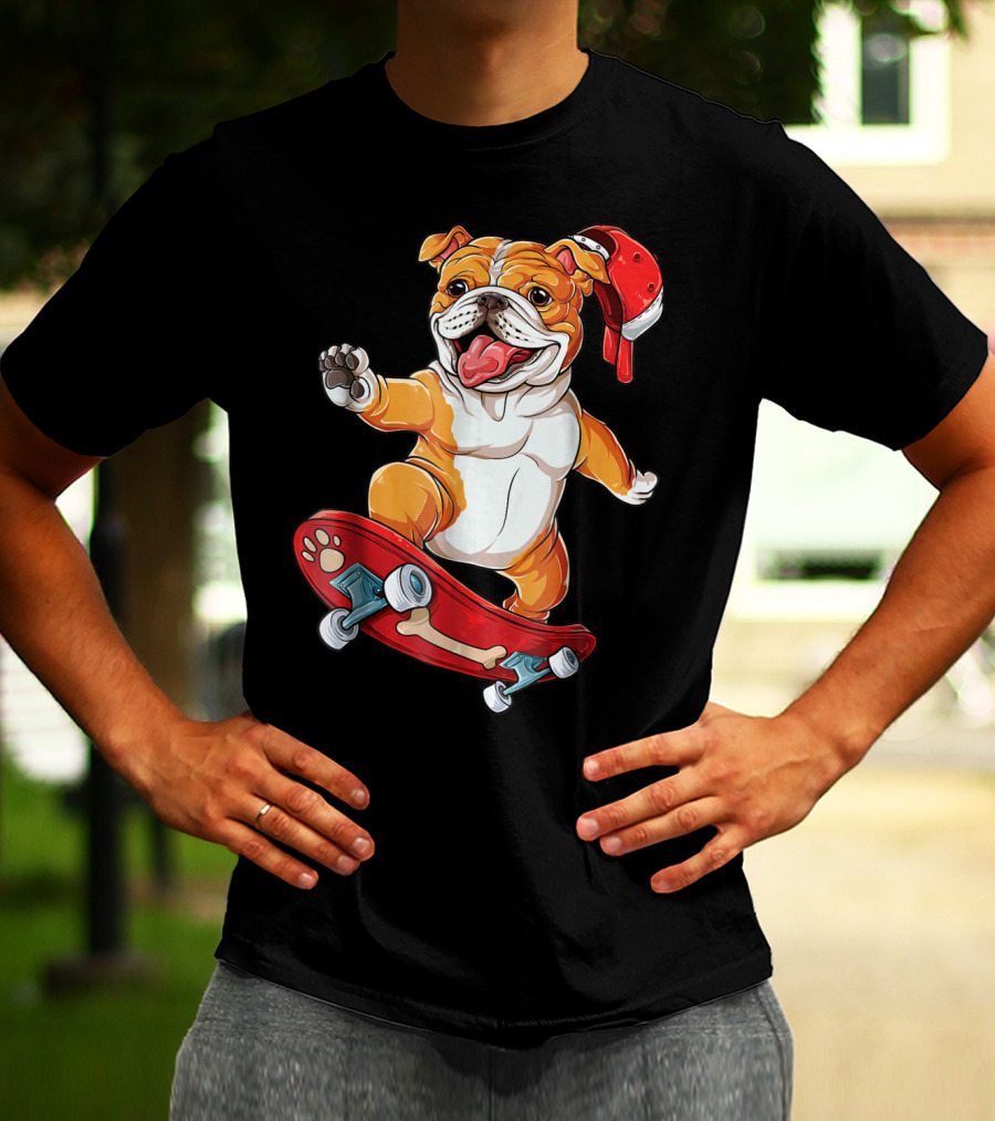 English Bulldog With Red Cap Skating On Bone Deck Skateboard T-Shirt