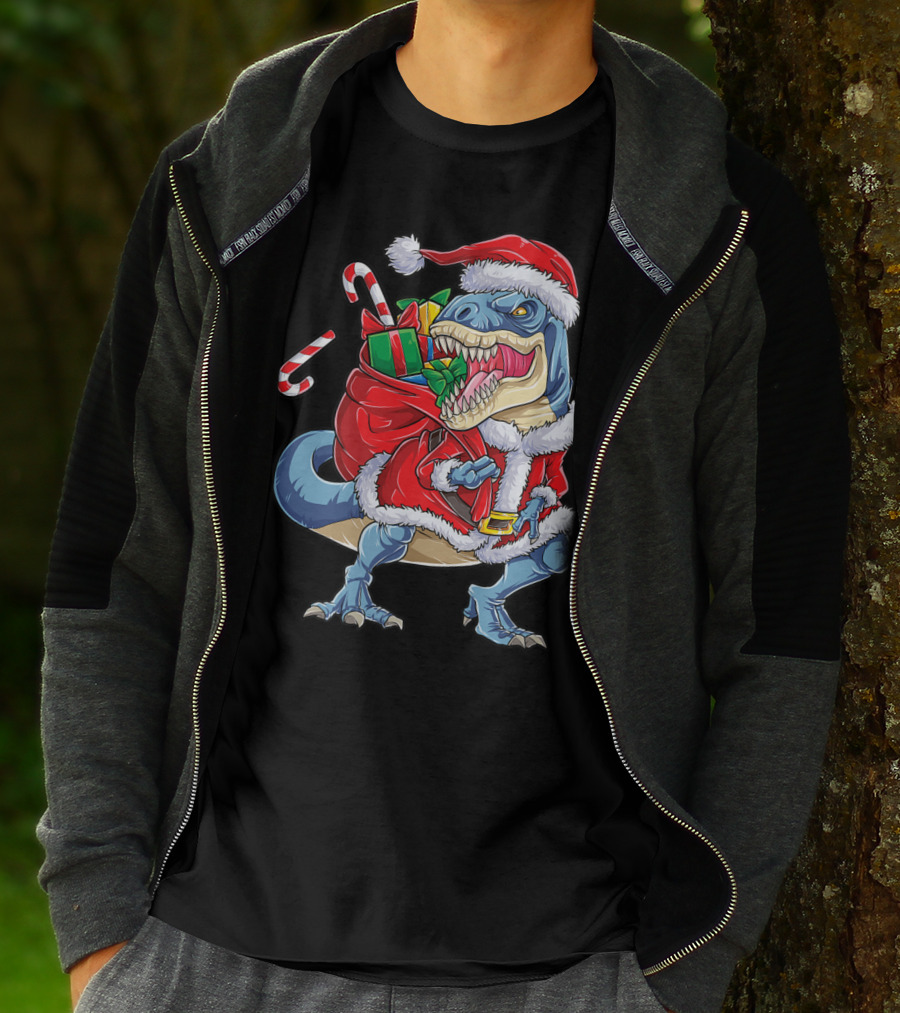 Dinosaur Christmas Boys Santa Rex With Candy Canes And Gifts T-Shirt