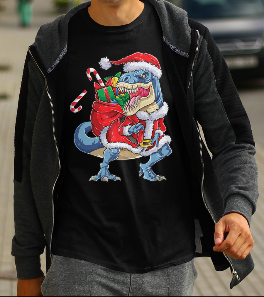 Dinosaur Christmas Boys Santa Rex With Candy Canes And Gifts T-Shirt