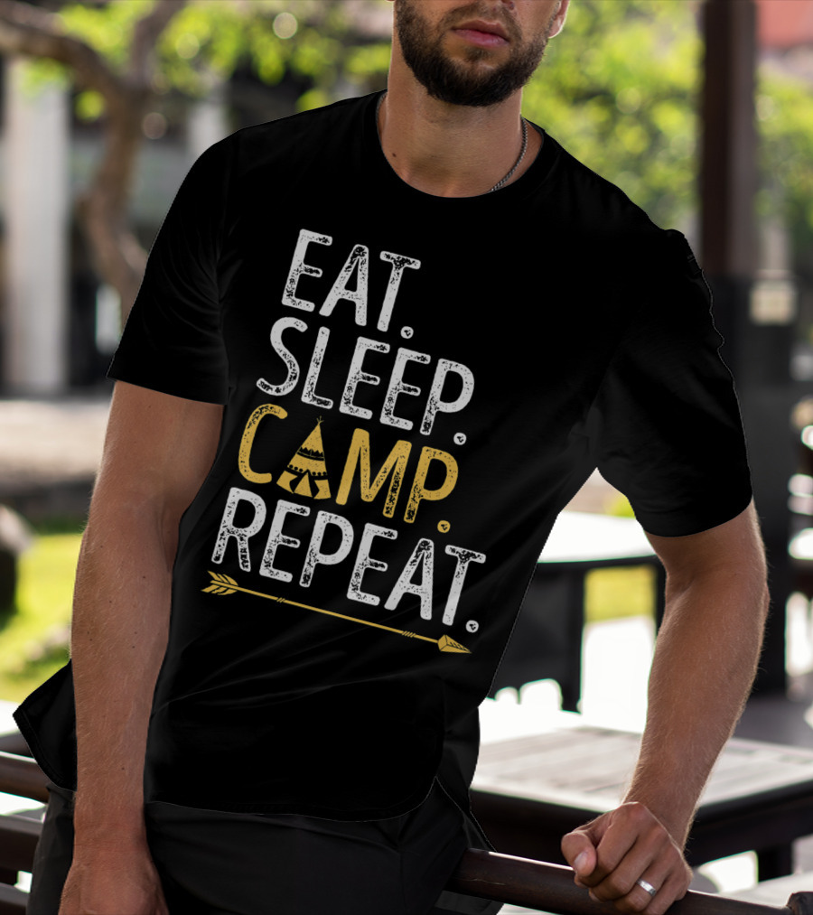 Eat Sleep Camp Repeat Camping Camper Tent Arrow T-Shirt