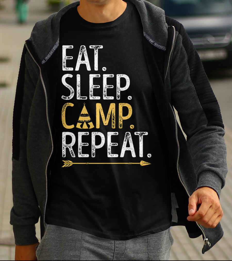 Eat Sleep Camp Repeat Camping Camper Tent Arrow T-Shirt