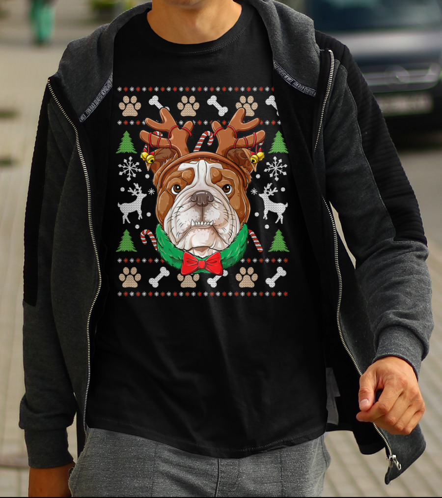 English Bulldog Reindeer Antlers Christmas Ugly T-Shirt