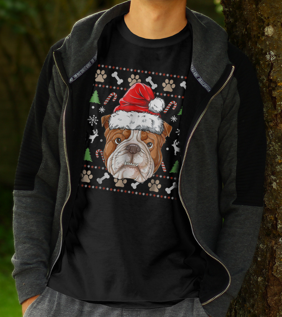 English Bulldog Santa Hat Ugly Christmas Sweater Paws Reindeer Bones Candy Canes T-Shirt