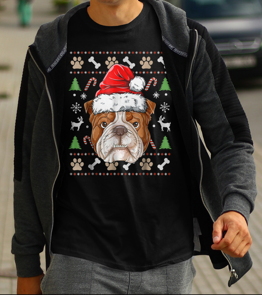 English Bulldog Santa Hat Ugly Christmas Sweater Paws Reindeer Bones Candy Canes T-Shirt