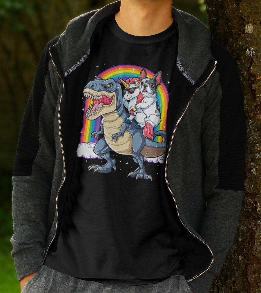 French Bulldog Unicorn Riding Dinosaur Rex With Rainbow Stars T-Shirt