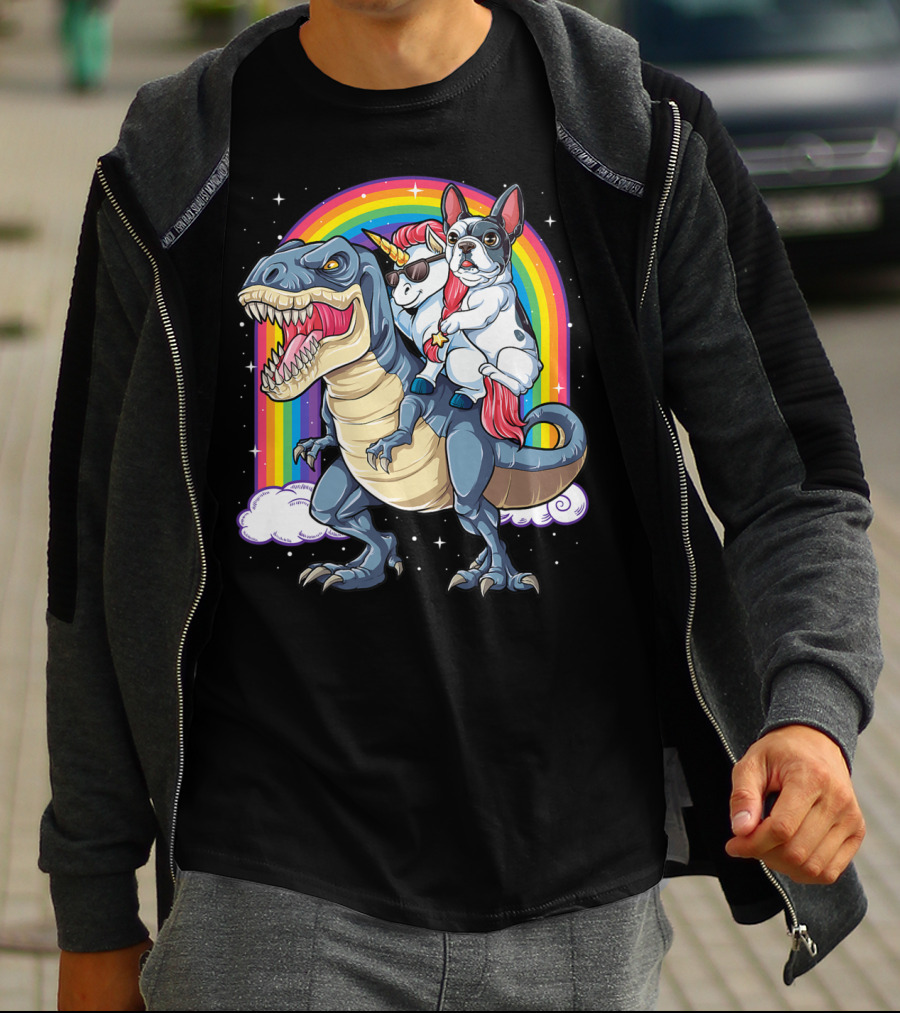 French Bulldog Unicorn Riding Dinosaur Rex With Rainbow Stars T-Shirt