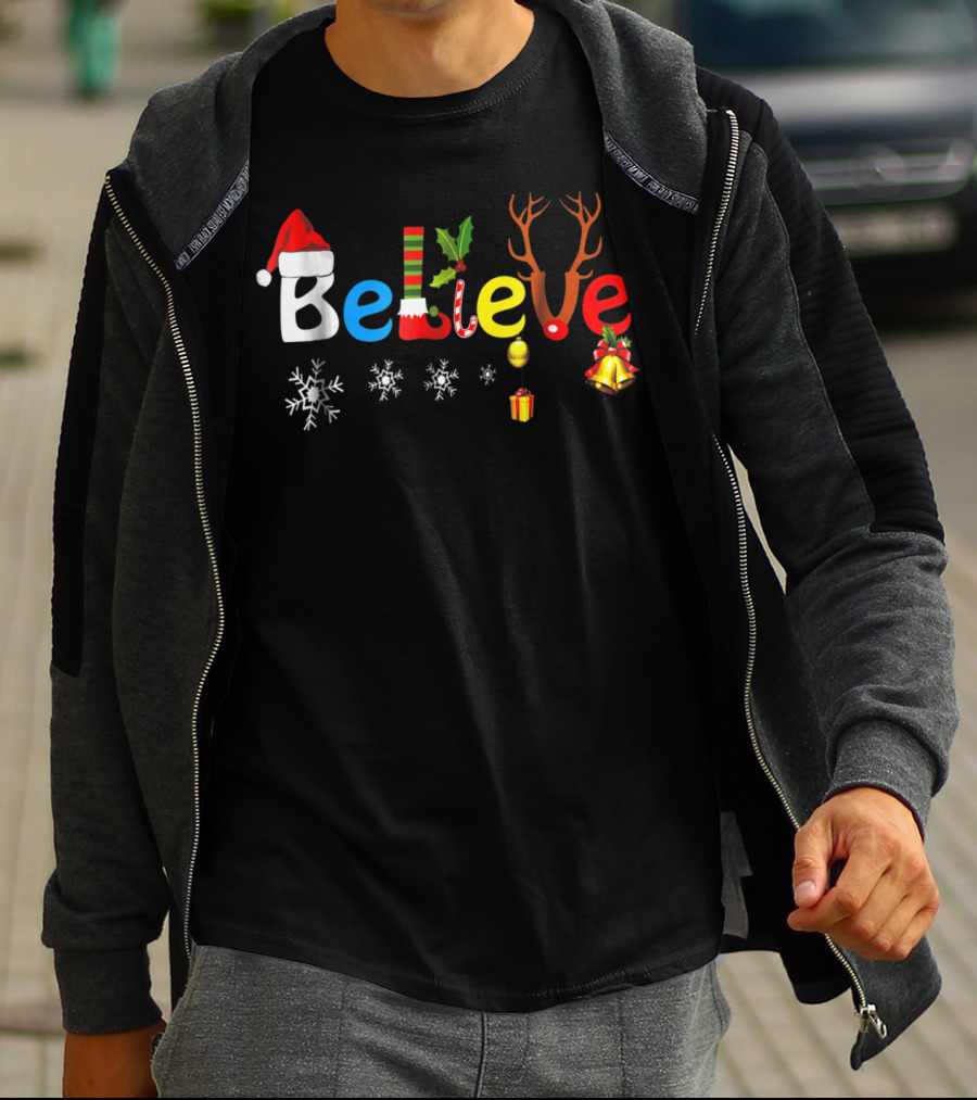 Believe In Santa Elf Reindeer Christmas Snowflakes And Bells T-Shirt