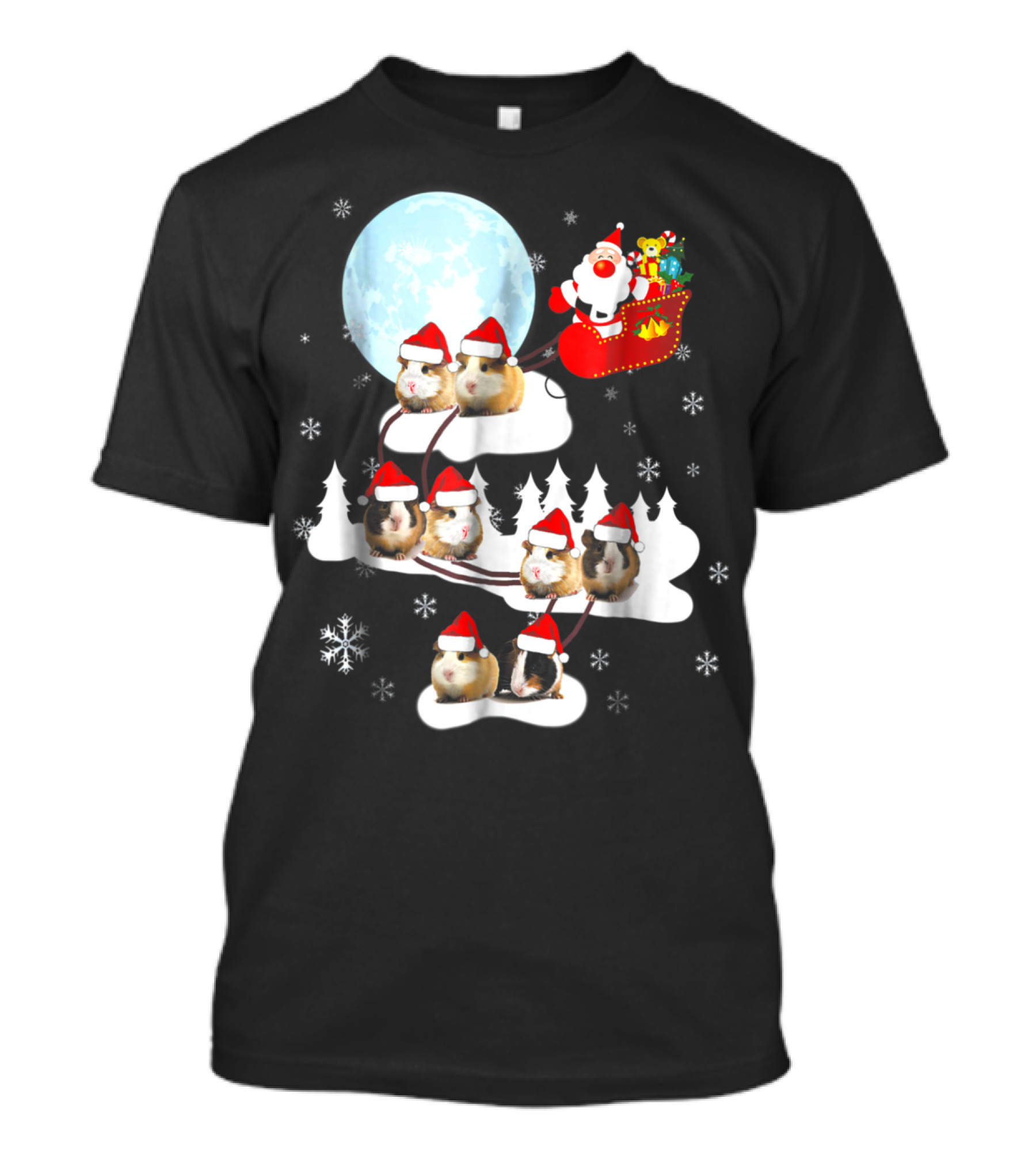Santa Sleigh With Christmas Guinea Pigs And Snowflakes T-Shirt