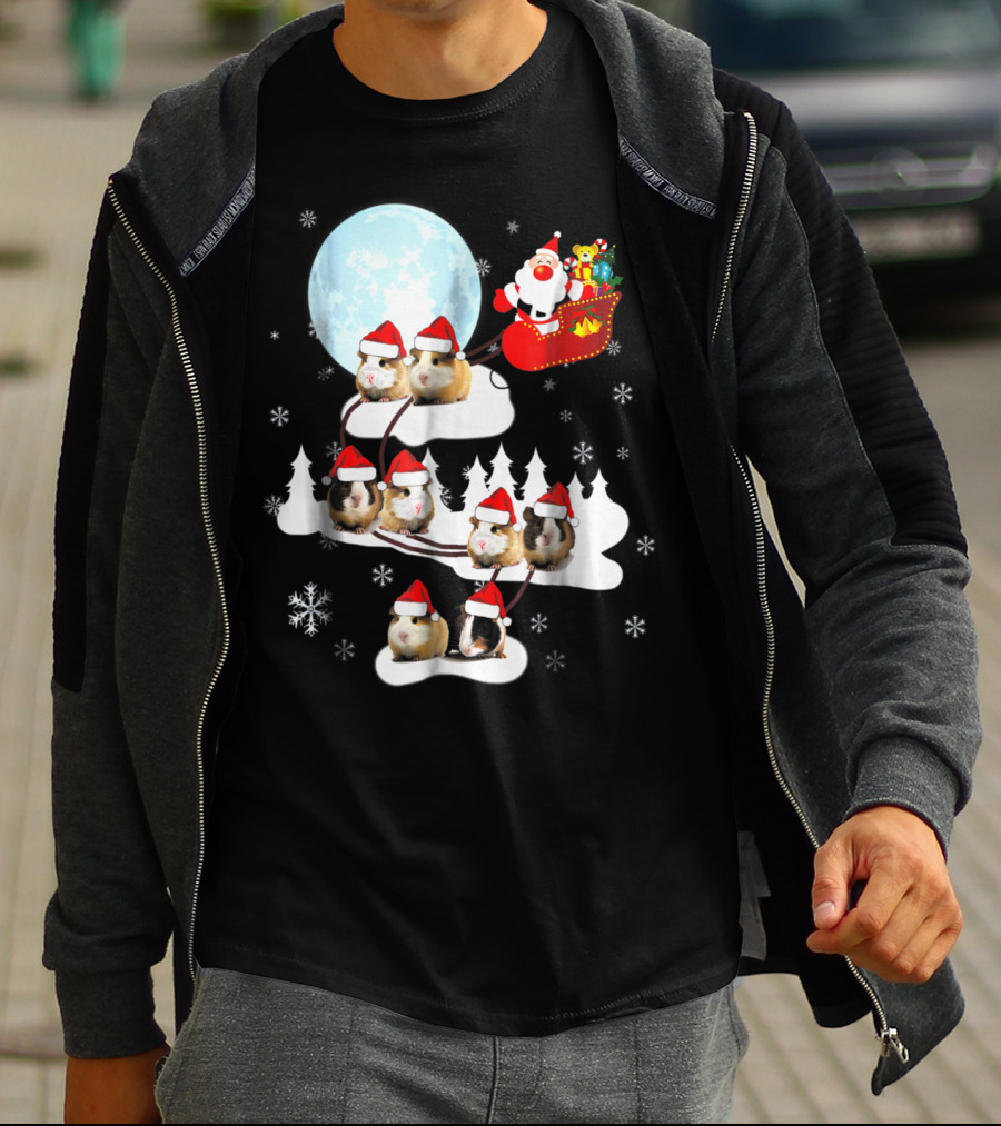 Santa Sleigh With Christmas Guinea Pigs And Snowflakes T-Shirt