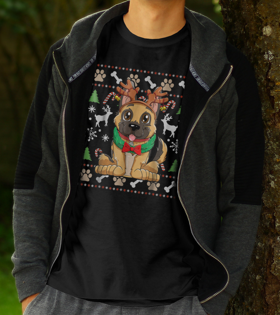 German Shepherd Dog With Reindeer Antlers Christmas Holiday T-Shirt