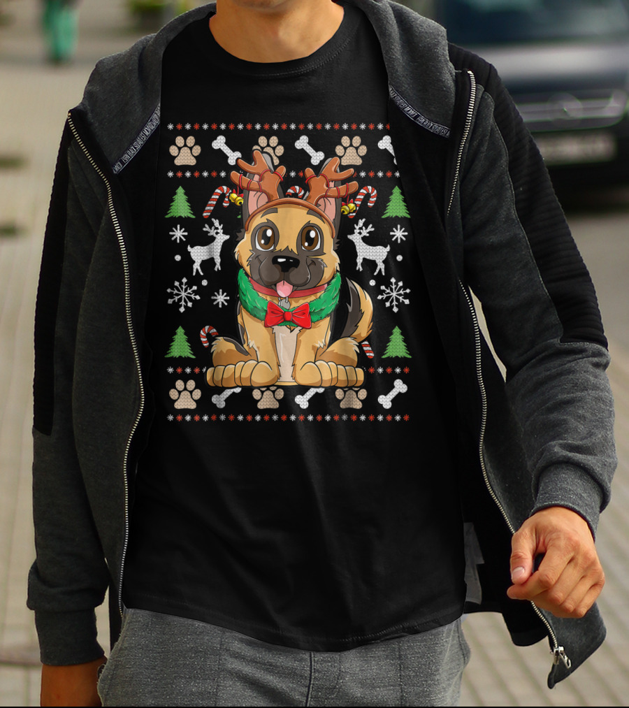 German Shepherd Dog With Reindeer Antlers Christmas Holiday T-Shirt