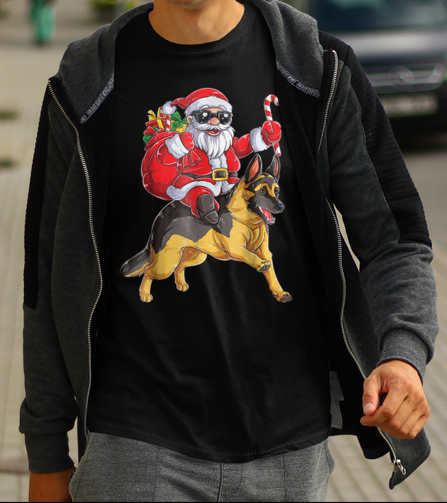 German Shepherd Christmas Santa Claus Riding With Candy Cane Woofmas T8 T-Shirt