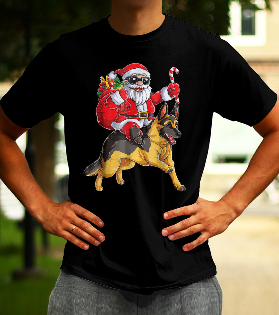 German Shepherd Christmas Santa Claus Riding With Candy Cane Woofmas T8 T-Shirt