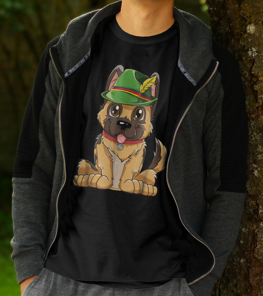 Cute German Shepherd Dog With Oktoberfest Hat Boys Lederhosen T-Shirt