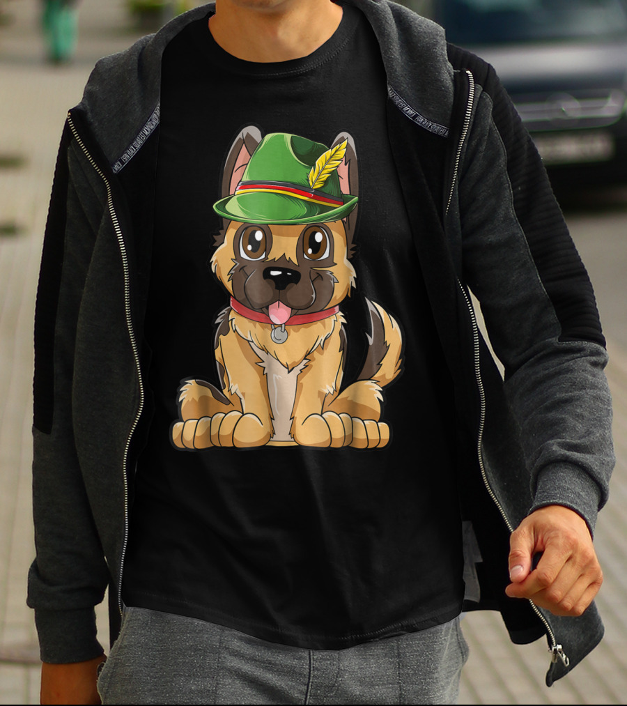 Cute German Shepherd Dog With Oktoberfest Hat Boys Lederhosen T-Shirt