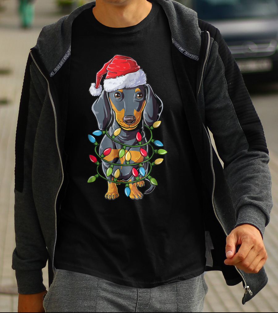 Dachshund Santa Hat Christmas Tree Lights Pup T-Shirt