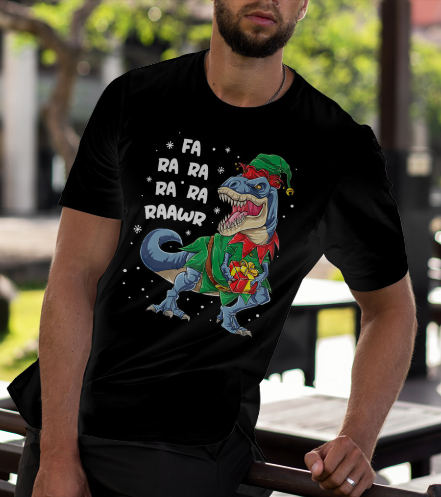 Fa Ra Ra Ra Rawr Dinosaur Christmas Rex Elf Holding Present T-Shirt