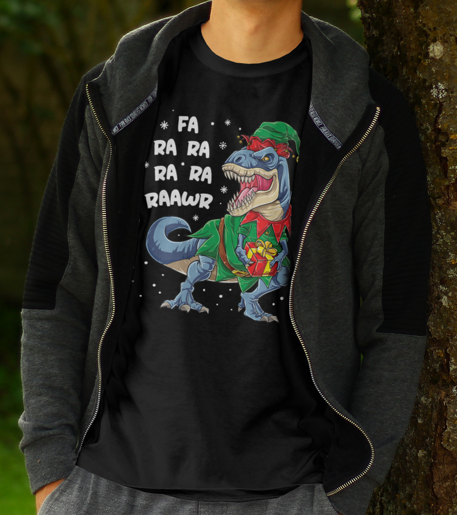 Fa Ra Ra Ra Rawr Dinosaur Christmas Rex Elf Holding Present T-Shirt