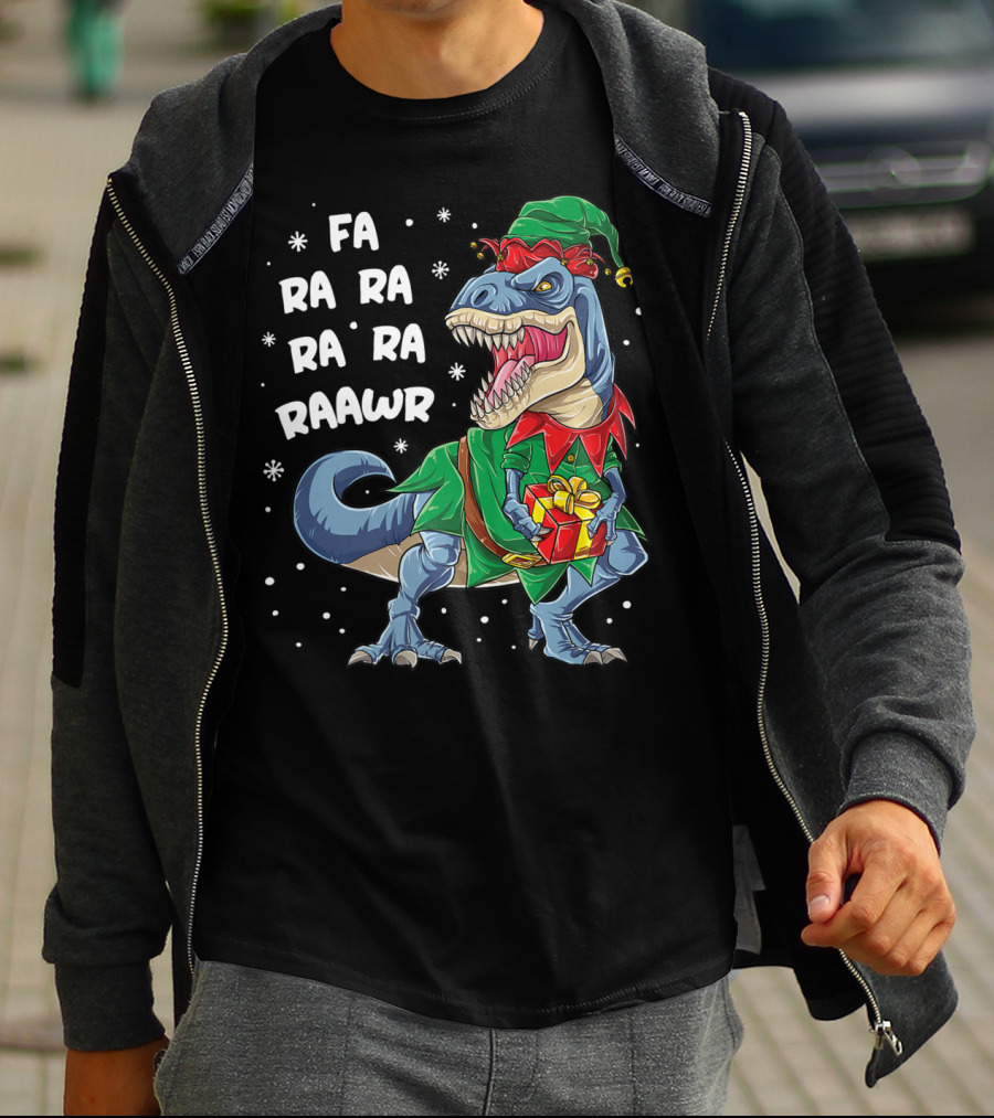 Fa Ra Ra Ra Rawr Dinosaur Christmas Rex Elf Holding Present T-Shirt