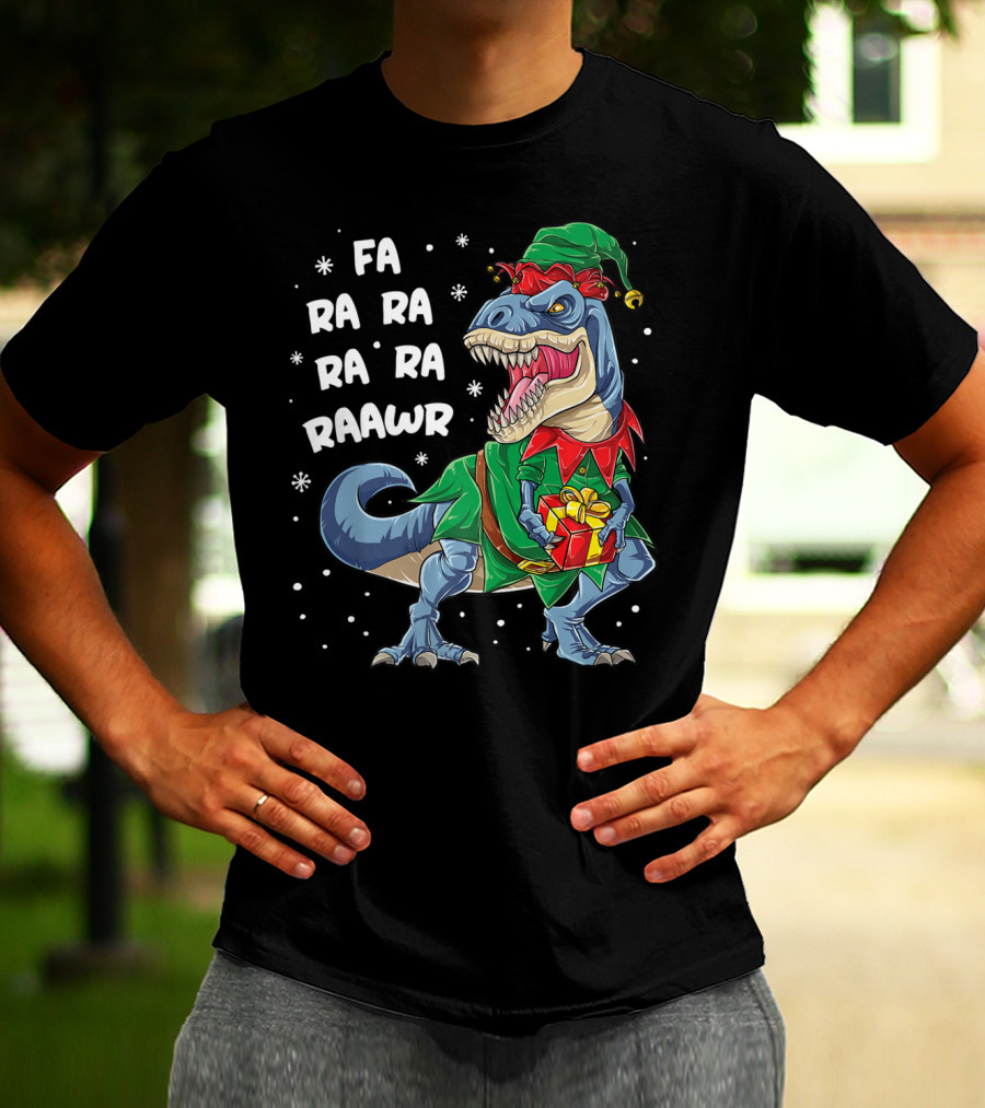 Fa Ra Ra Ra Rawr Dinosaur Christmas Rex Elf Holding Present T-Shirt