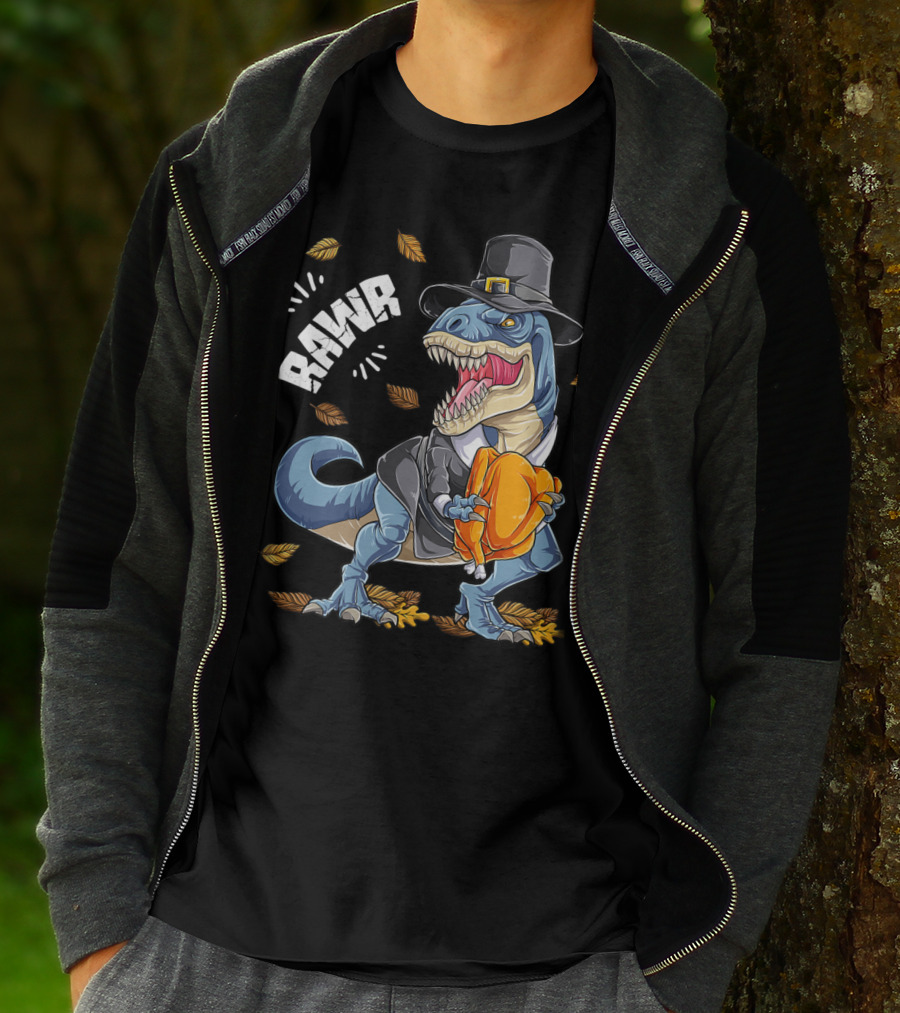 RAWR Dinosaur Thanksgiving Pilgrim T-Rex With Turkey Leaves T-Shirt