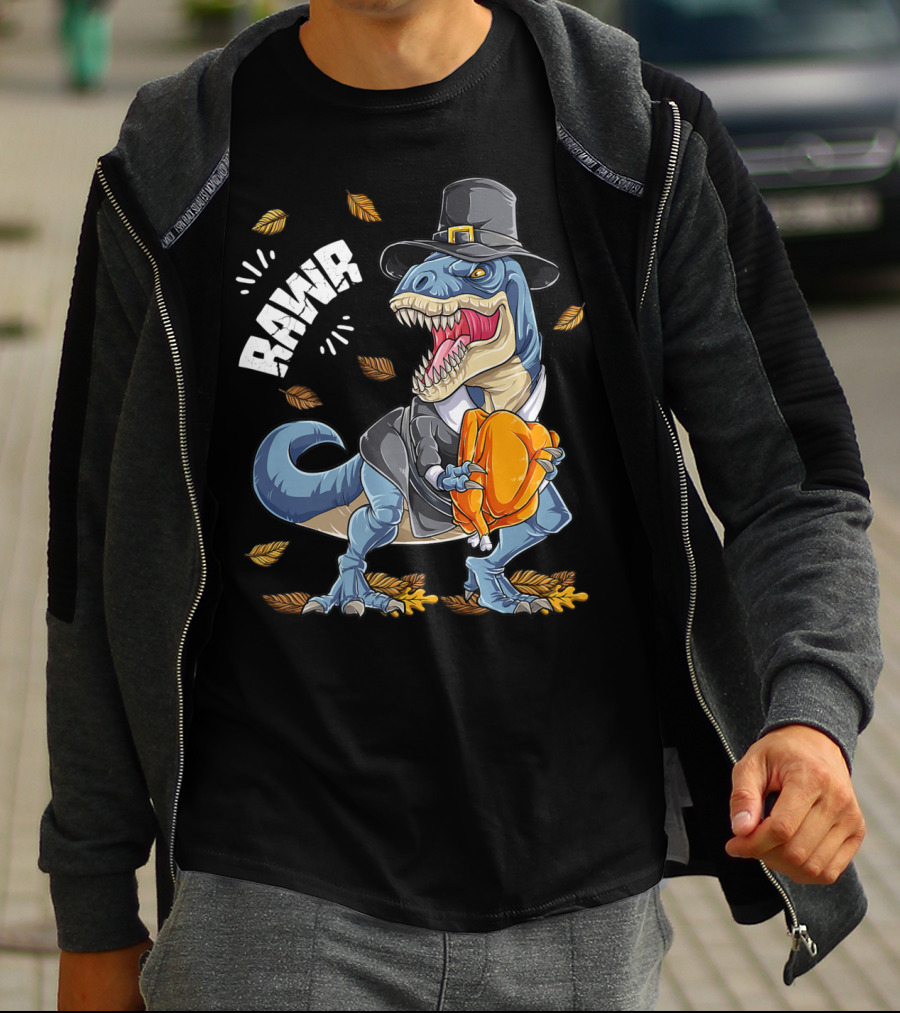 RAWR Dinosaur Thanksgiving Pilgrim T-Rex With Turkey Leaves T-Shirt