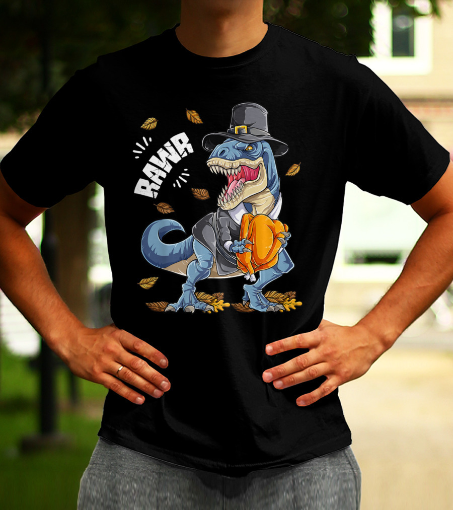 RAWR Dinosaur Thanksgiving Pilgrim T-Rex With Turkey Leaves T-Shirt