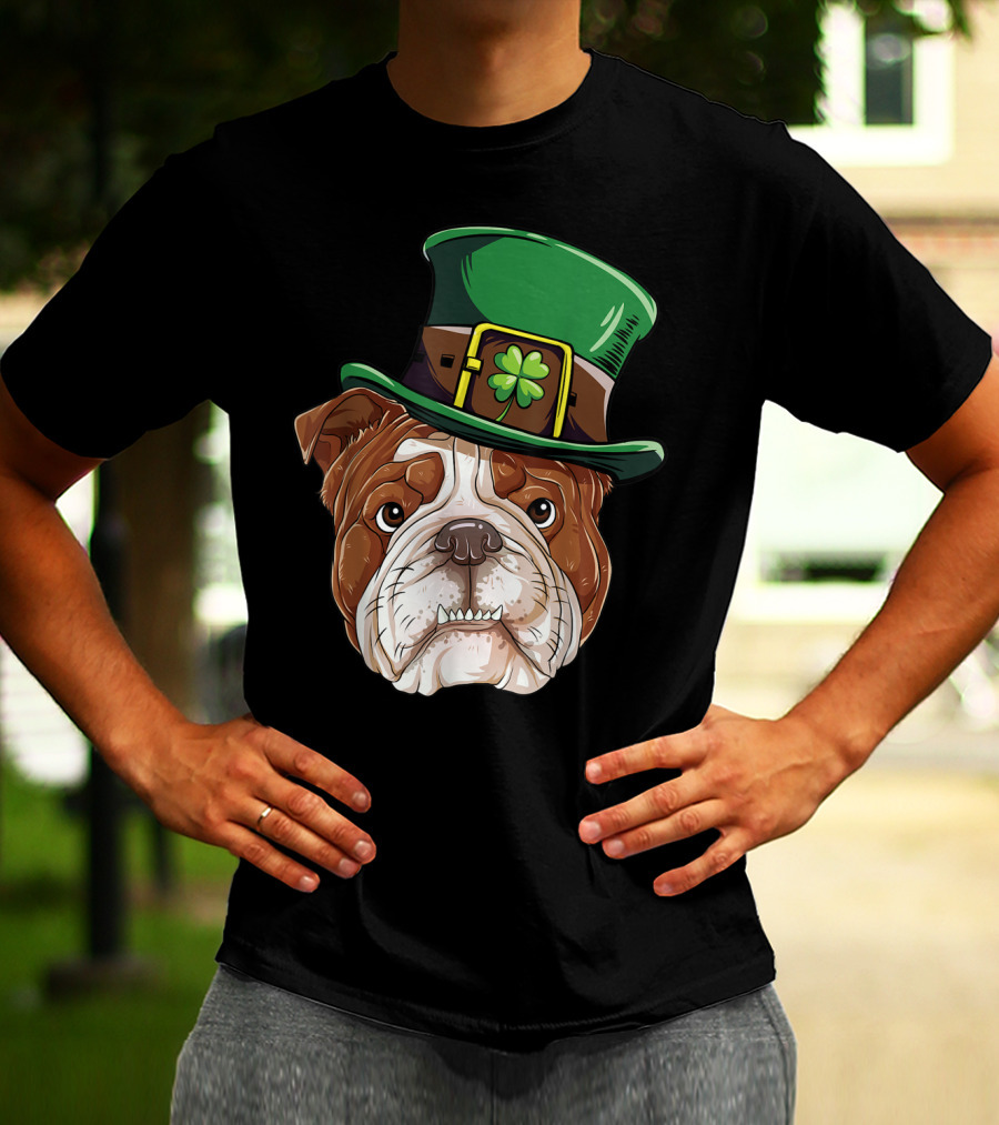 English Bulldog Wearing Leprechaun Hat St Patricks Day Dog T-Shirt