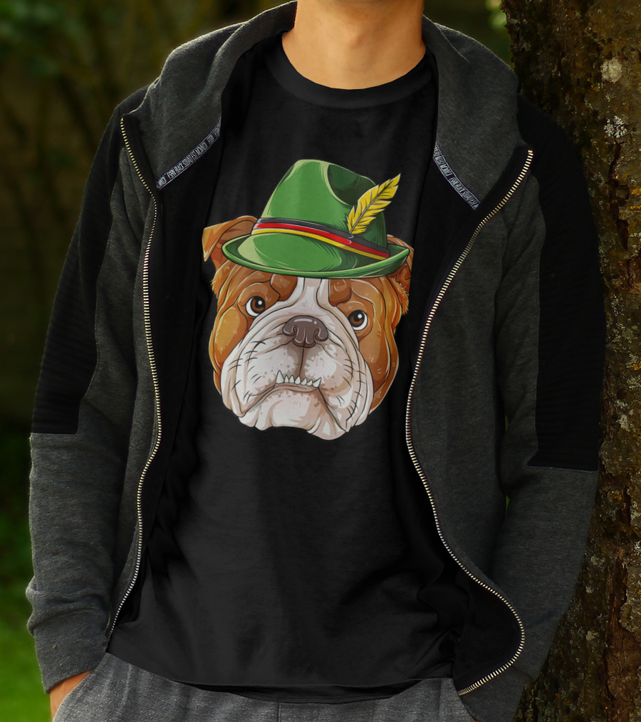 English Bulldog Oktoberfest Boys Lederhosen With Green Hat And Feather T-Shirt