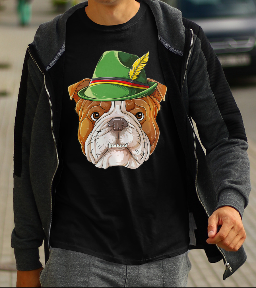 English Bulldog Oktoberfest Boys Lederhosen With Green Hat And Feather T-Shirt