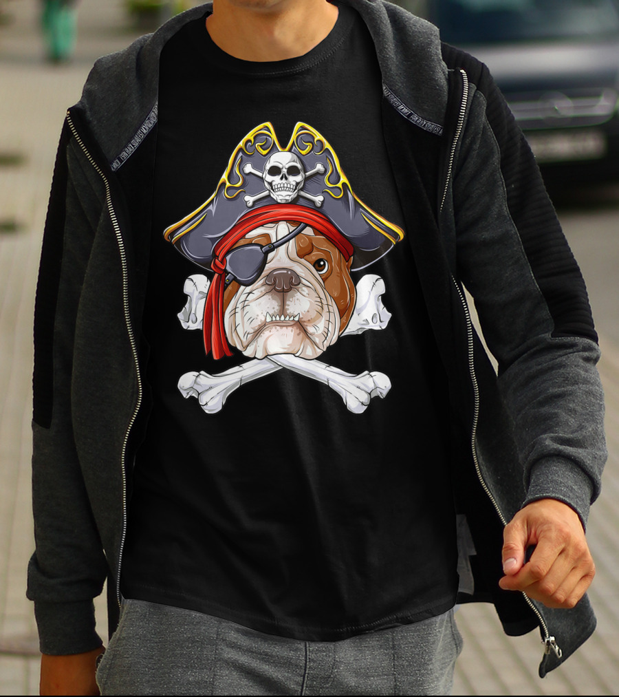 English Bulldog Wearing Pirate Hat With Jolly Roger Crossbones And Eyepatch T-Shirt