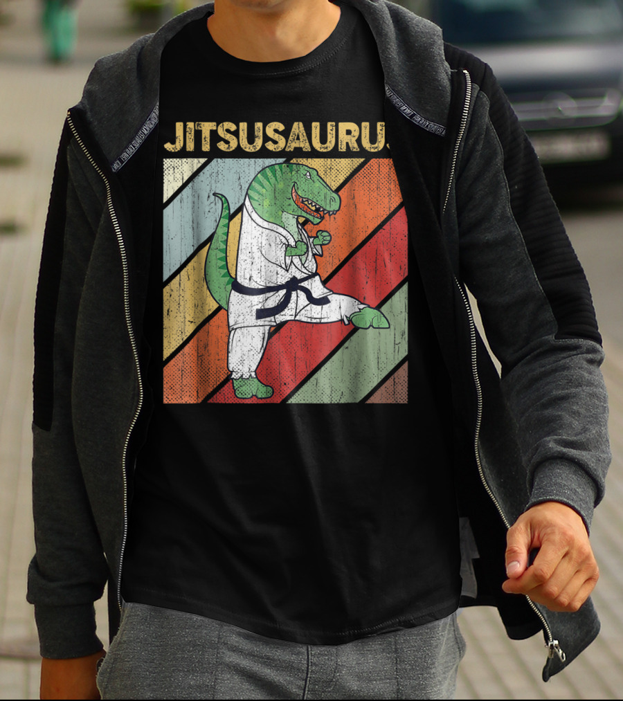 Jitsusaurus Dinosaur In Martial Arts Gi With Vintage Stripes T-Shirt