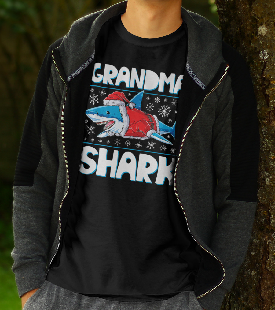 Grandma Shark Santa Christmas Matching Family Snowflakes T-Shirt