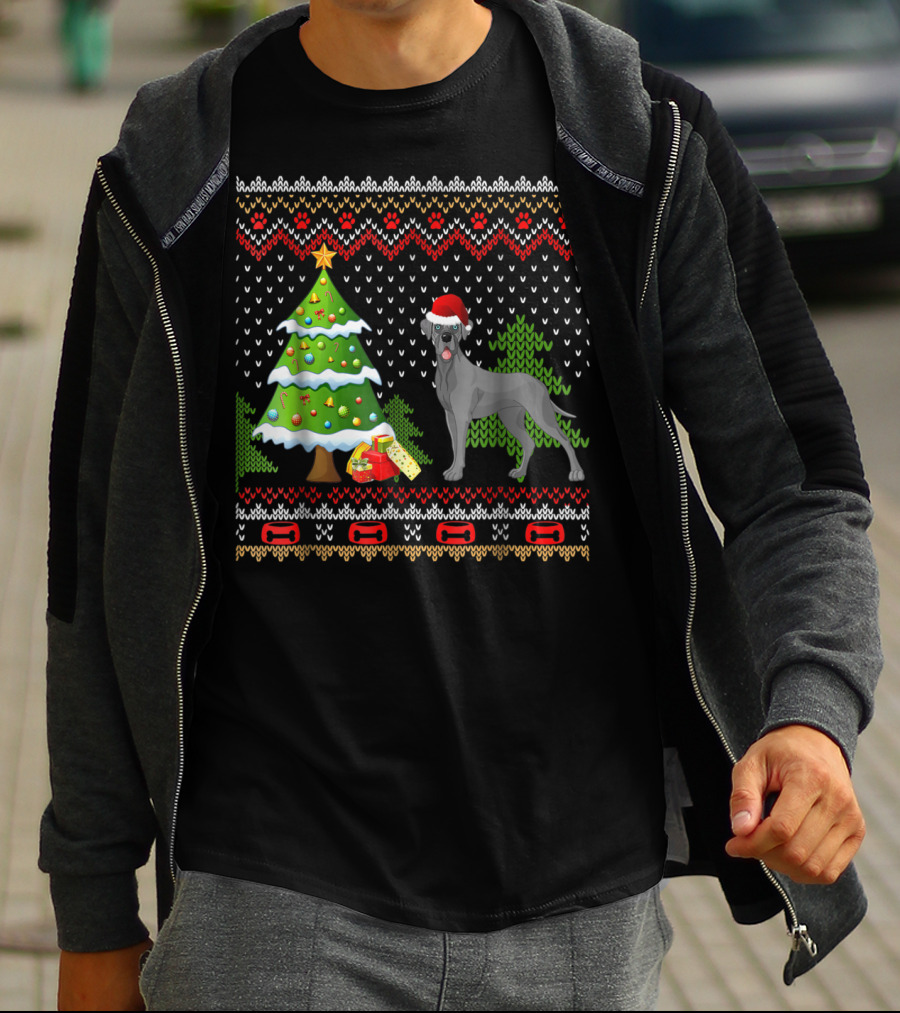 Great Danes Santa Christmas UglyDog Holiday Sweater Tree Present T-Shirt